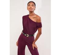 Lipsy Lipsy Berry Red Petite Off The Shoulder Jersey Woven Hybrid Mix Wide Leg Jumpsuit With Croc PU Belt
