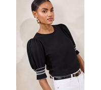 Lipsy Lipsy Black 100% Cotton Trim Detail Short Sleeve Puff Top