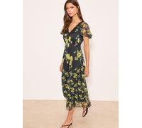 Lipsy Lipsy Black and Yellow Floral Lace Insert Wrap Short Sleeve Midi Dress Black And Yellow EU 38 (UK 10)