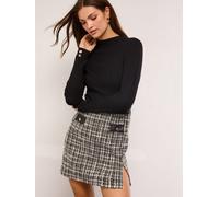 Lipsy Lipsy Black Boucle Check 2-In-1 Crew Neck Long Sleeve Knitted Mini Dress Black Boucle Check EU 44 (UK 16)
