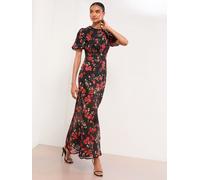 Lipsy Lipsy Black Floral Print Short Sleeve Woven Maxi Dress Black EU 34 (UK 6)