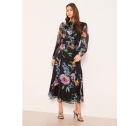 Lipsy Lipsy Black Long Sleeve Lace Trim Ruched Waist Floral Midi Dress Black EU 44 (UK 16)