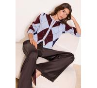 Lipsy Lipsy Blue and Burgundy Red Check Argyle Print Crew Neck Buttoned Long Sleeve Knitted Cardigan