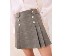 Lipsy Lipsy Brown Check Military Button Pleated Mini Skirt Brown Check EU 44 (UK 16)