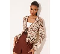 Lipsy Lipsy Brown/Cream Zig Zag Metallic Long Sleeve Crochet Tie Front Knit Cardigan