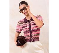 Lipsy Lipsy Burgundy Red And Pink Zig Zag Printed Metallic Collared Mock Button Knitted Top