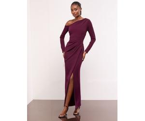 Lipsy Lipsy Burgundy Red Long Sleeve Off The Shoulder Gathered Waist Maxi Dress Burgundy Red EU 40 (UK 12)