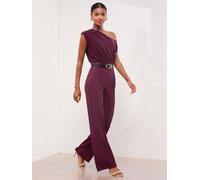 Lipsy Lipsy Burgundy Red Off The Shoulder Jersey Woven Hybrid Mix Wide Leg Jumpsuit With Croc PU Belt