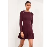 Lipsy Lipsy Burgundy Red Petite Knitted Scallop Buttoned Pleated Hem Mini Dress Burgundy Red EU 42 (UK 14)