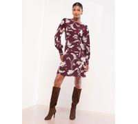 Lipsy Lipsy Burgundy Red Print Viscose Underbust Long Sleeve Mini Dress Burgundy Red EU 34 (UK 6)