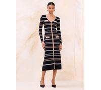 Lipsy Lipsy Camel/Black Stripe V-Neck Ribbed Long Sleeve Midi Knitted Dress With Wool Camel/Black Stripe EU 44 (UK 16)