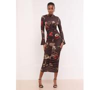 Lipsy Lipsy Chocolate Brown Floral Long Sleeve Ruched Jersey Bodycon Dress Chocolate Brown EU 42 (UK 14)