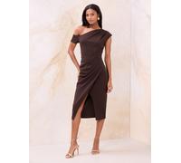 Lipsy Lipsy Chocolate Brown Petite Off The Shoulder Gathered Waist Midi Dress Chocolate Brown EU 36 (UK 8)