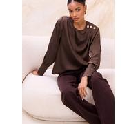 Lipsy Lipsy Chocolate Brown Satin Button Shoulder Detail Blouse