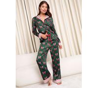Lipsy Lipsy Christmas Green Bow Long Sleeve Printed Satin Pyjamas Set