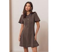 lipsy Lipsy Contrast Stitch Collared Zip Front Short Sleeve Mini Dress Brun FR 38 (EU 36)