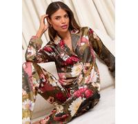 Lipsy Lipsy Green Floral Satin Long Sleeve Pyjamas Set with Lace Details