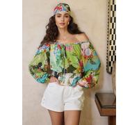 Lipsy Lipsy Green Tropical Print Bardot Puff Sleeve Blouse