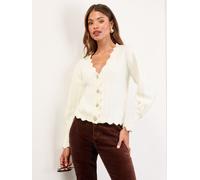 Lipsy Lipsy Ivory White Knitted Scallop Trim V-Neck Embellished Button Cardigan