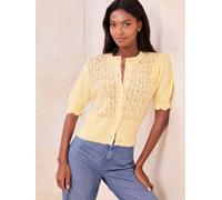Lipsy Lipsy Lemon Yellow Stitchy Pointelle Short Puff Sleeve With Self Covered Buttons Knit Cardigan