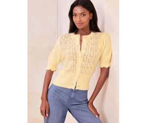 Lipsy Lipsy Lemon Yellow Stitchy Pointelle Short Puff Sleeve With Self Covered Buttons Knit Cardigan