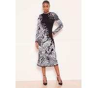 Lipsy Lipsy Monochrome Animal Printed Buttoned Fit and Flare Long Sleeve Knitted Midi Dress Monochrome Animal EU 36 (UK 8)