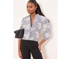 Lipsy Lipsy Monochrome Floral Embroidered Gingham 3/4 Sleeve Blouse