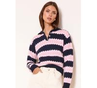 Lipsy Lipsy Navy/Pink Stripe Tipped Buttoned Collared Crochet Knit Jumper
