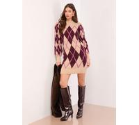 Lipsy Lipsy Neutral/Burgundy Red Argyle Check Print High Neck Buttoned Knitted Mini Dress Neutral/Burgundy Red EU 34 (UK 6)