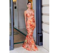 Lipsy Lipsy Orange Floral Printed Bandeau Mesh Ruched Maxi Dress Orange EU 34 (UK 6)