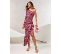 Lipsy Lipsy Pink Rose Printed Bow Trim One Shoulder Mesh Midi Dress Pink EU 46 (UK 18)