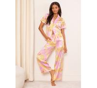 Lipsy Lipsy Pink/Yellow Petite Satin Short Sleeve and Long Trousers Pyjamas Set