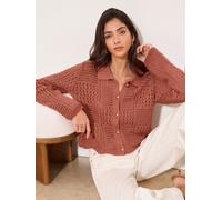 Lipsy Lipsy Rust Brown Collared Stitchy Crochet Buttoned Knitted Cardigan