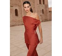 Lipsy Lipsy Rust Red Slash Neck Textured Satin Hardwear Detail Top