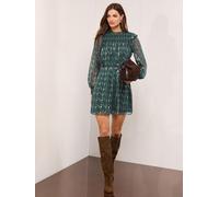 Lipsy Lipsy Teal Green Floral Print Long Sleeve High Neck Waisted Mini Dress Teal Green EU 42 (UK 14)