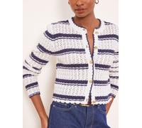 Lipsy Lipsy White/Blue Navy Stripe Stitchy Pointelle Buttoned Long Sleeve Crew Neck Knitted Cardigan