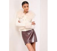 Lipsy Lipsy White Faux Fur Collar Trim Buttoned Knit Cardigan