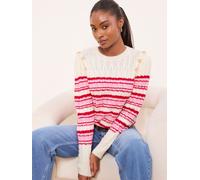 Lipsy Lipsy White/Pink and Red Buttoned Shoulder Pleated Stripe Pattern Cable Knitted Jumper