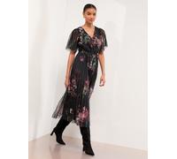 Lipsy Robe mi-longue Lipsy plissée en maille à manches courtes et col en V Floral noir EU 36 (UK 8)