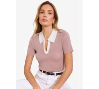 Lipsy Lipsy Camel Tipped Collar Notch Neck Short Sleeve Buttoned Knitted Top