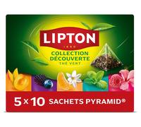 Lipton Coffret Thé Vert Assortiment 5 Saveurs Pyramid, 50 Sachets | Chaud ou glacé, saveurs variées, ingrédients d'origine naturelle, certifié Rainforest Alliance, sachets Pyramid, idée cadeau