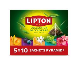 Lipton | Coffret de thés Verts | 50 Sachets de Thé Pyramid | 5 Saveurs Différentes dont Hibiscus Framboise | Pour thé Chaud ou Glacé | Sachets de Thé d'Origine Végétale | Certifiés Rainforest Alliance