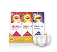 Lipton Feel Good Selection- 3 saveurs + 3 tasses OFFERTES- Thé noir - Earl Grey, English Breakfast, Fruits rouges