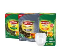 Lipton - Thé en Vrac 3×100 g -Thé Vert aux Agrumes, Thé Vert Nature & Thé Noir Earl Grey Orange Pékoé - Feuilles Longues, 100% Naturel & 1 Verre Lipton Offert