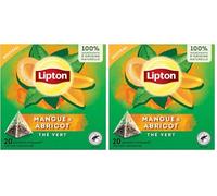 Lipton, Thé Vert, Thé Vert Aromatisé, Infusion à Froid ou Chaud, Goût Mangue & Abricot, Ingrédients d'Origine 100% Naturelle, 20 Sachets Pyramid (Lot de 2)