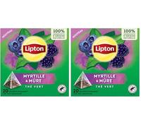 Lipton, Thé Vert, Thé Vert Aromatisé, Infusion à Froid ou Chaud, Goût Myrtille & Mure, Bien Etre, Ingrédients d'Origine 100% Naturelle, 20 Sachets Pyramid (Lot de 2)