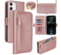 Lipvina Coque en Cuir Premium pour iPhone 12/12 Pro - Étui Portefeuille avec Sangle Réglable, Porte-Cartes, Protection Complète et Design Élégant - Rose