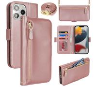 Lipvina Coque en Cuir Premium pour iPhone 12 Pro Max / 13 Pro Max - Étui Portefeuille avec Sangle Réglable, Porte-Cartes, Protection Complète et Design Élégant - Rose