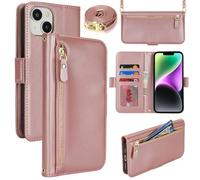 Lipvina Coque en Cuir Premium pour iPhone 13/14 - Étui Portefeuille avec Sangle Réglable, Porte-Cartes, Protection Complète et Design Élégant - Rose