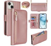 Lipvina Coque en Cuir Premium pour iPhone 15 - Étui Portefeuille avec Sangle Réglable, Porte-Cartes, Protection Complète et Design Élégant - Rose